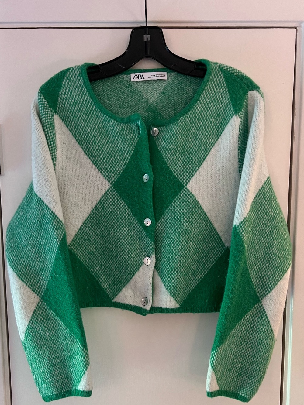Zara Green and Cream Argyle Cropped Button Cardigan